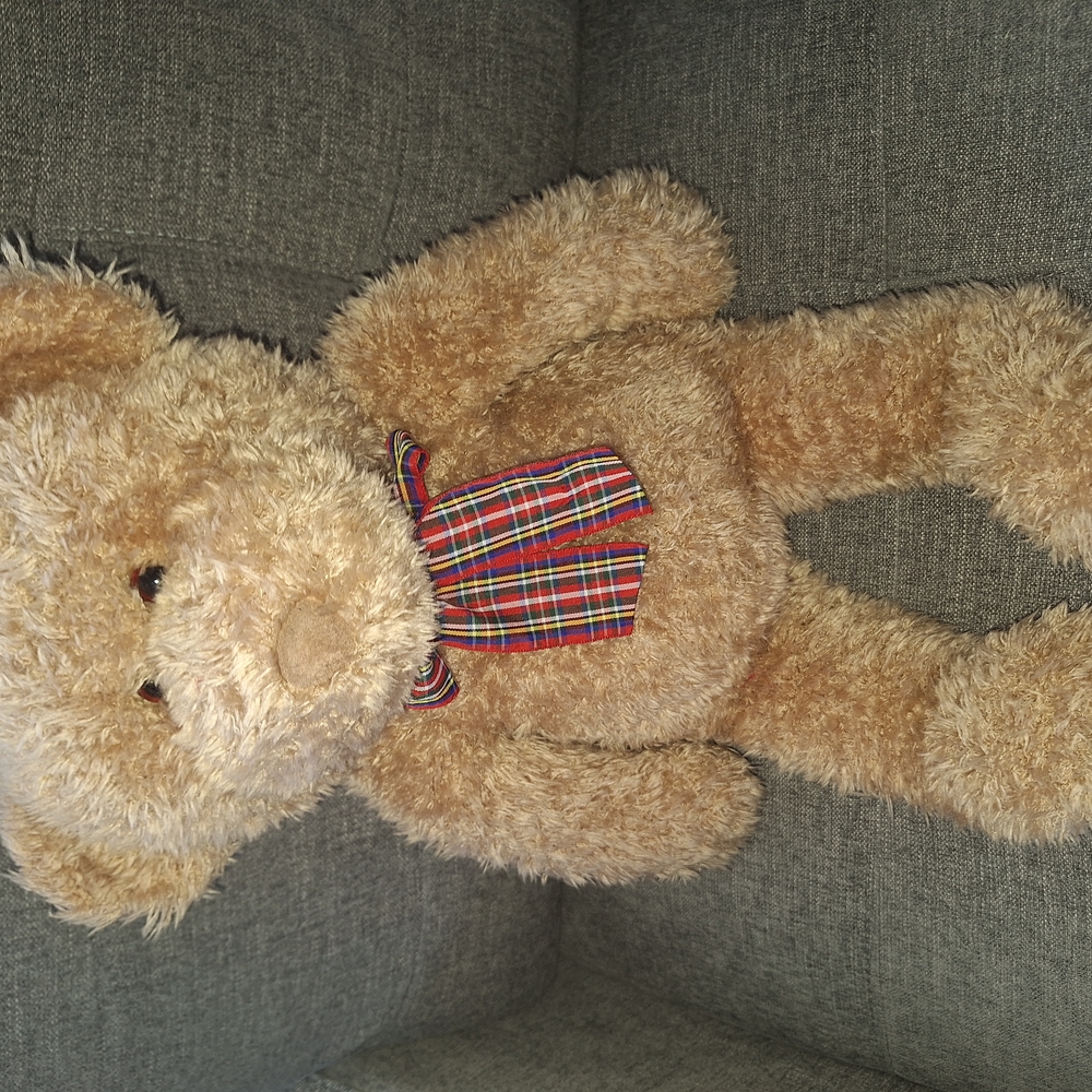 Plush Tan Teddy Bear with Plaid Bow